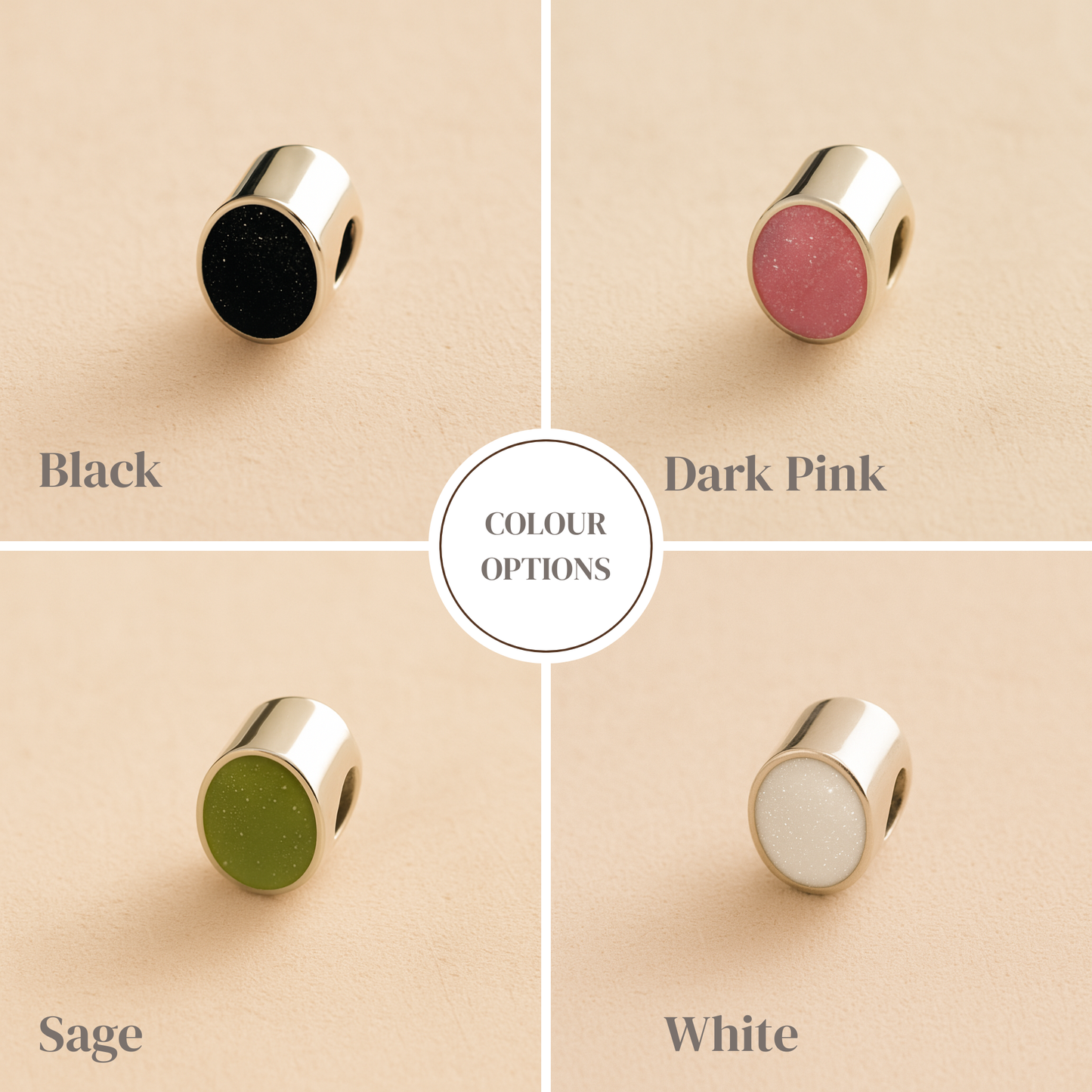Color options for a silver oval ashes charms on a beige background