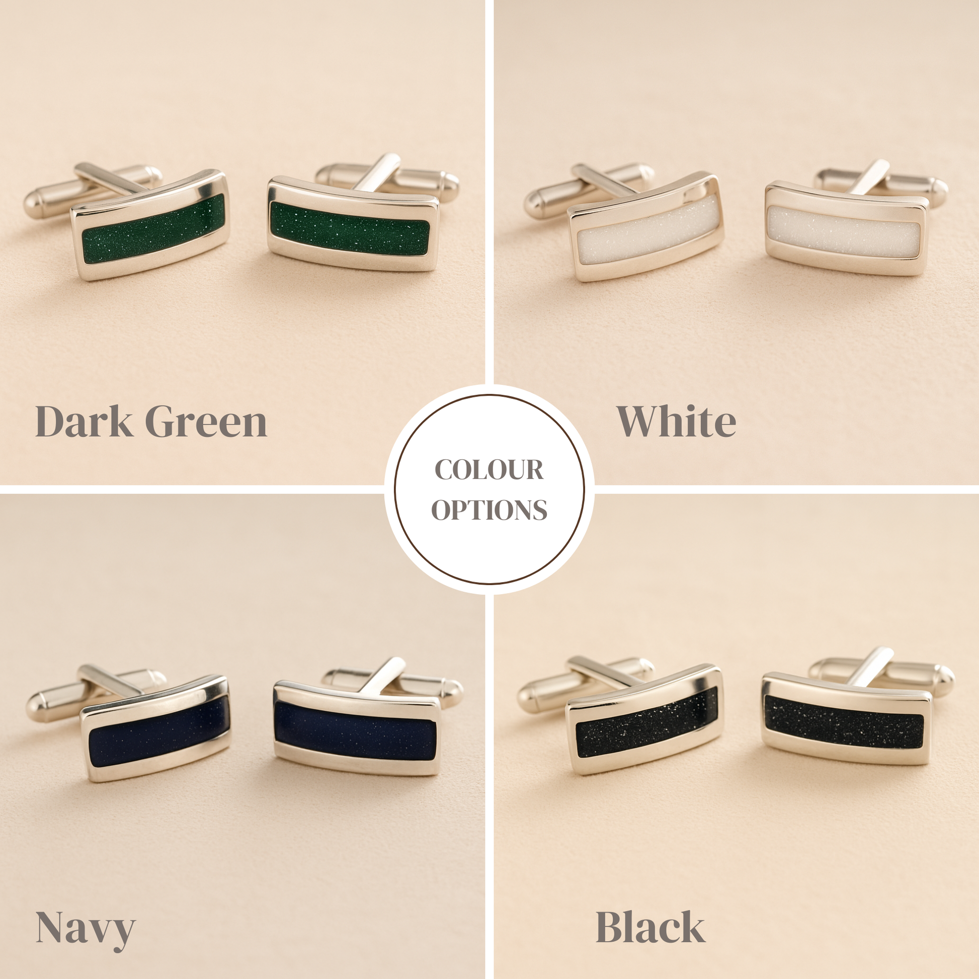 Silver Curved Ashes cufflinks in dark green, white, navy and black coloured resin inlay