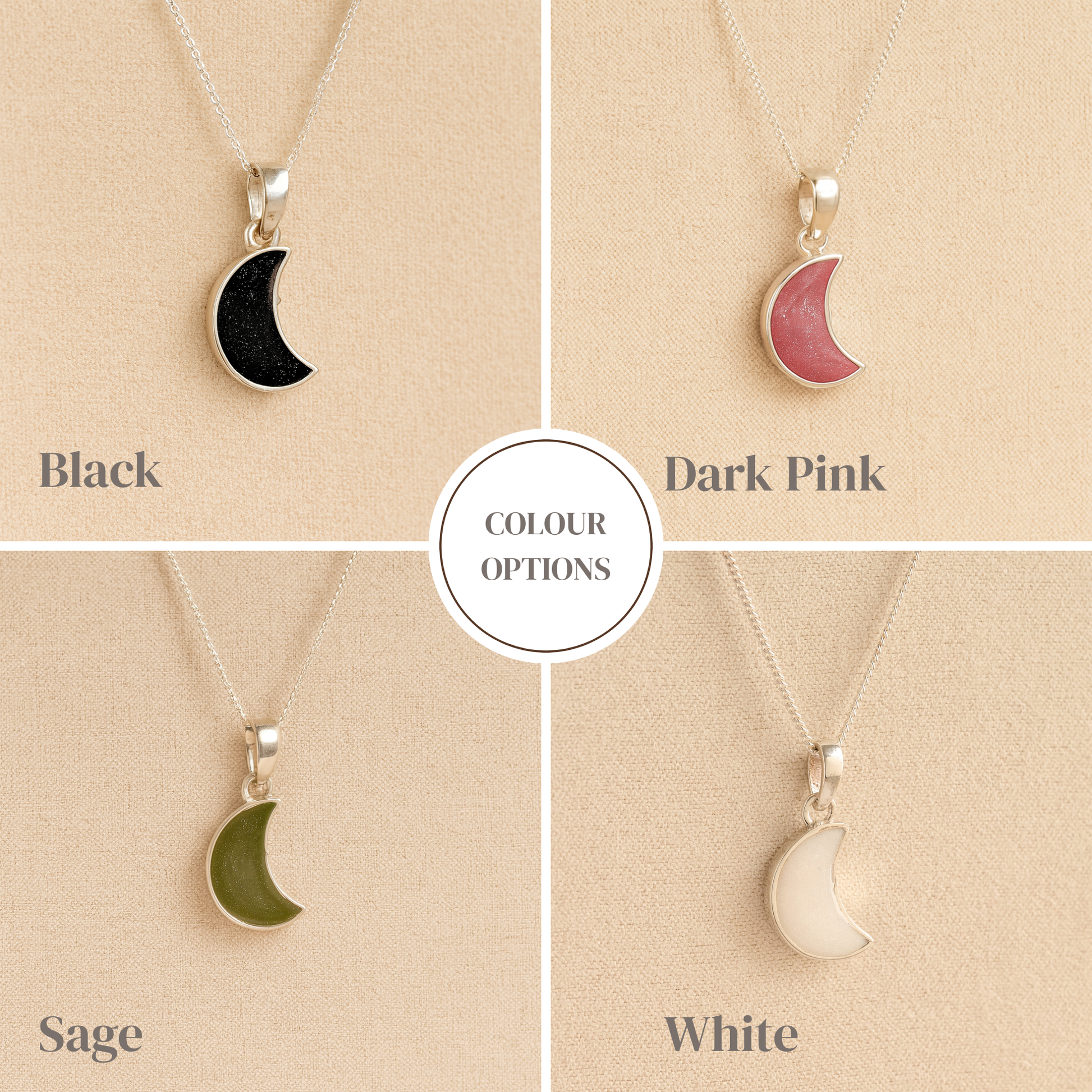 Colour examples of a silver moon shaped memorial necklace in black, dark pink, sage and white resin