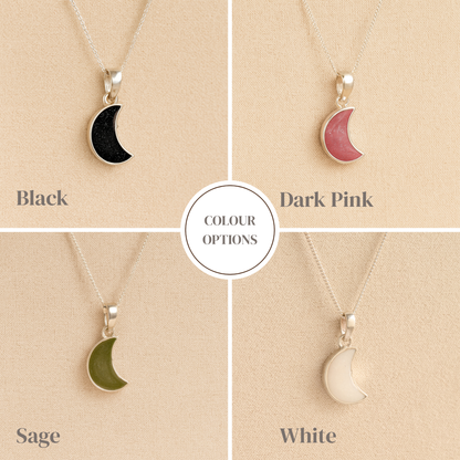 Colour examples of a silver moon shaped memorial necklace in black, dark pink, sage and white resin
