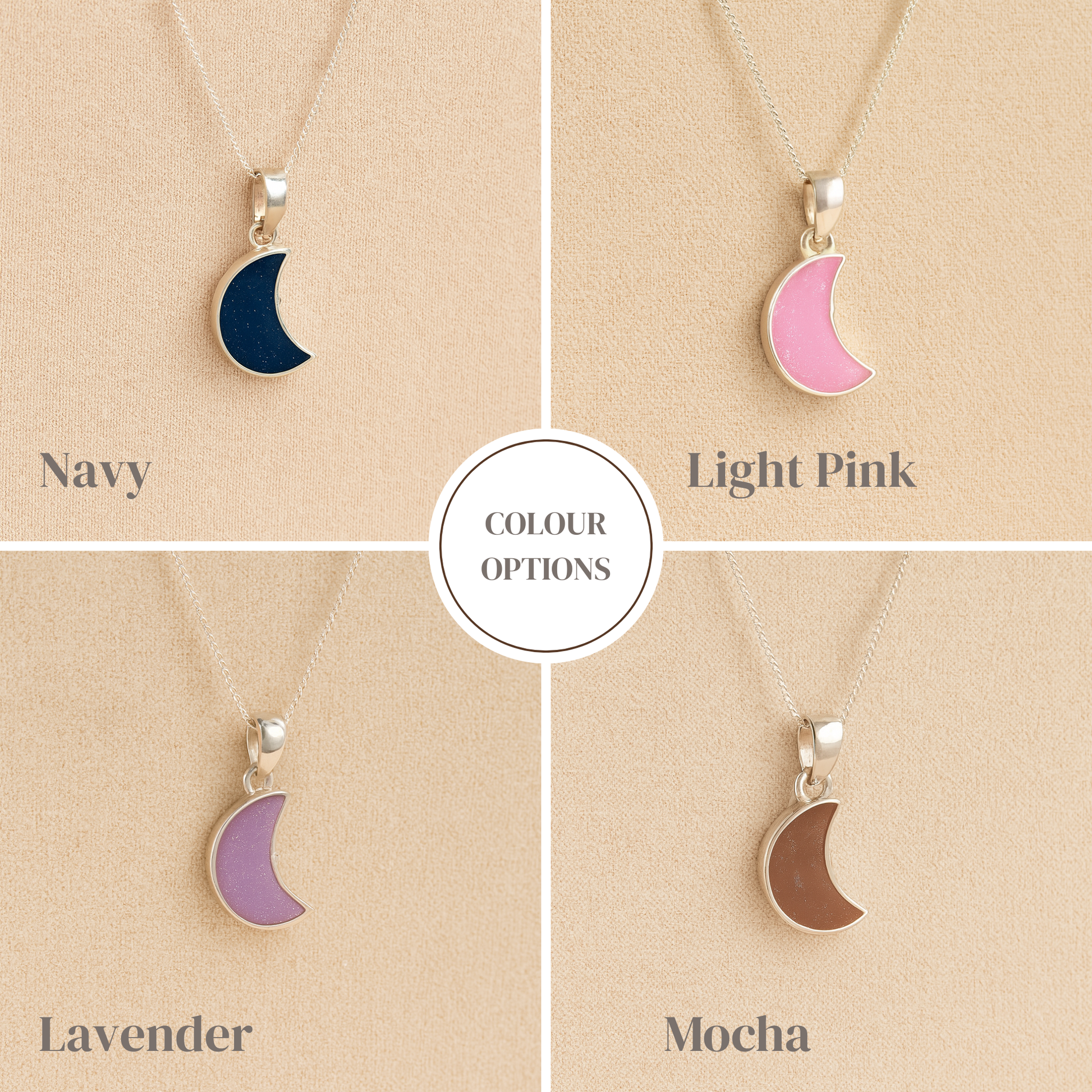 Colour examples of a silver moon shaped memorial necklace in navy, light pink, lavender and mocha resin