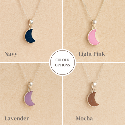 Colour examples of a silver moon shaped memorial necklace in navy, light pink, lavender and mocha resin