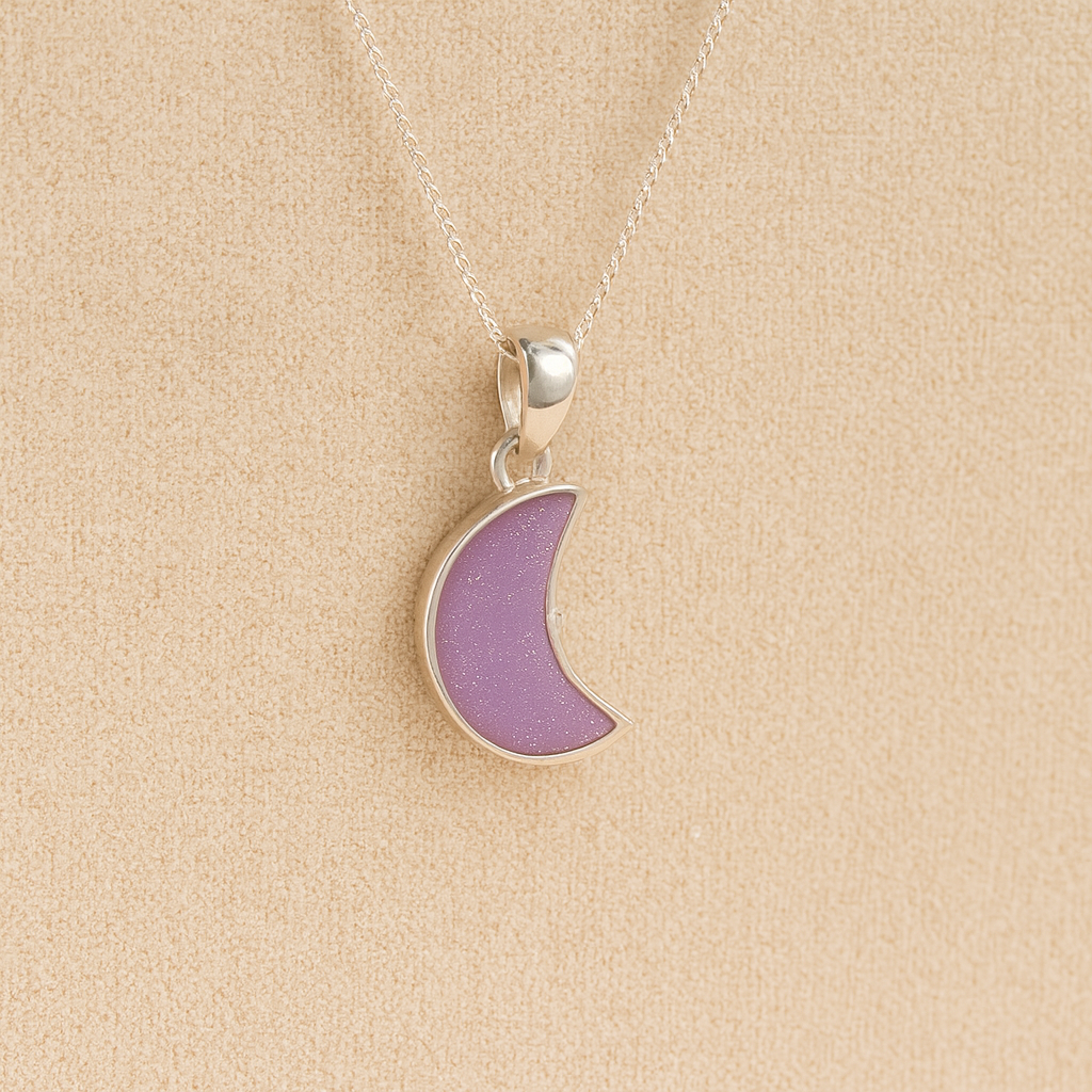 Silver Moon memorial Necklace with lavender resin, filled with ashes or fur, displayed on a soft beige background – suitable for pet or human memorials.