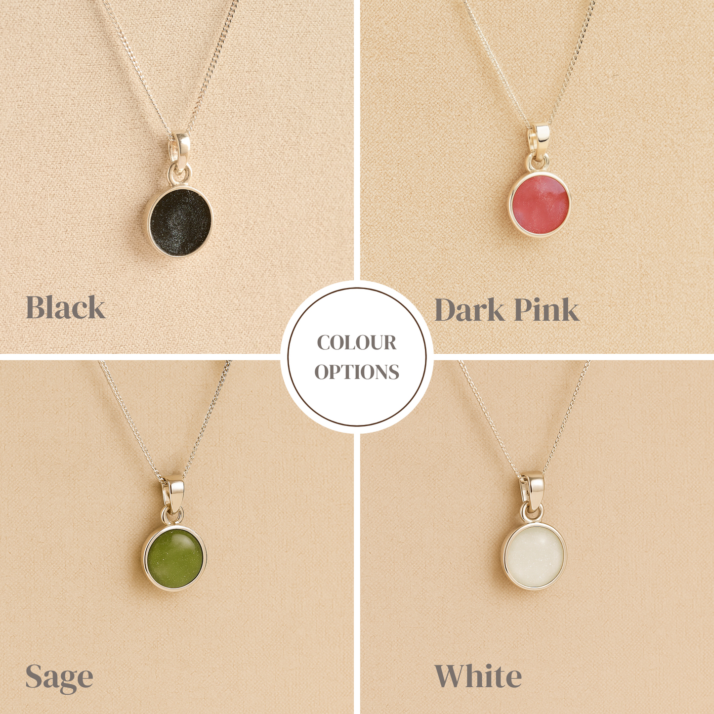 A collection of round Silver Cremation ashes necklace in black, dark pink, sage and white resin filled with ashes or fur, displayed on a soft beige background – suitable for pet or human memorials.