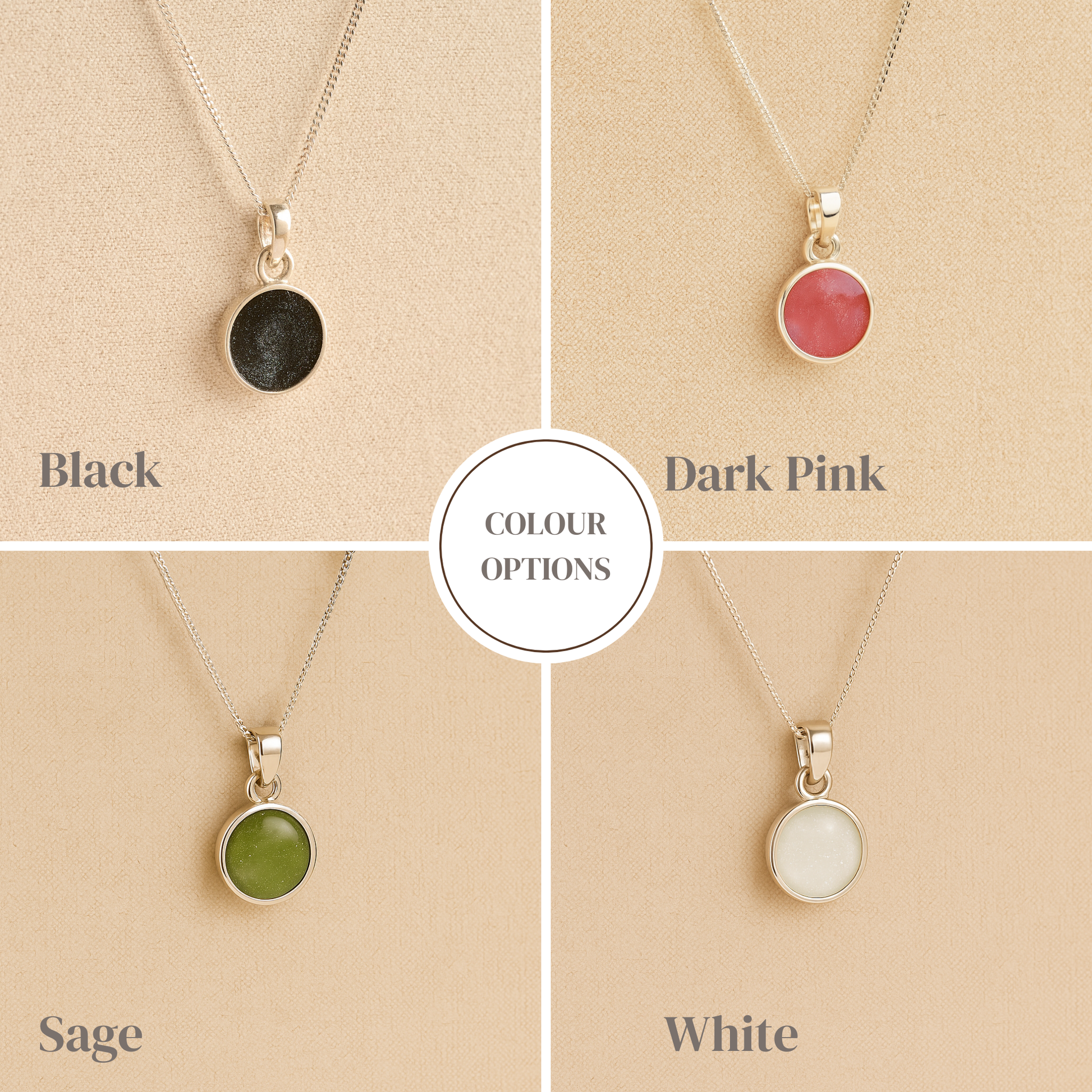 A collection of round Silver Cremation ashes necklace in black, dark pink, sage and white resin filled with ashes or fur, displayed on a soft beige background – suitable for pet or human memorials.