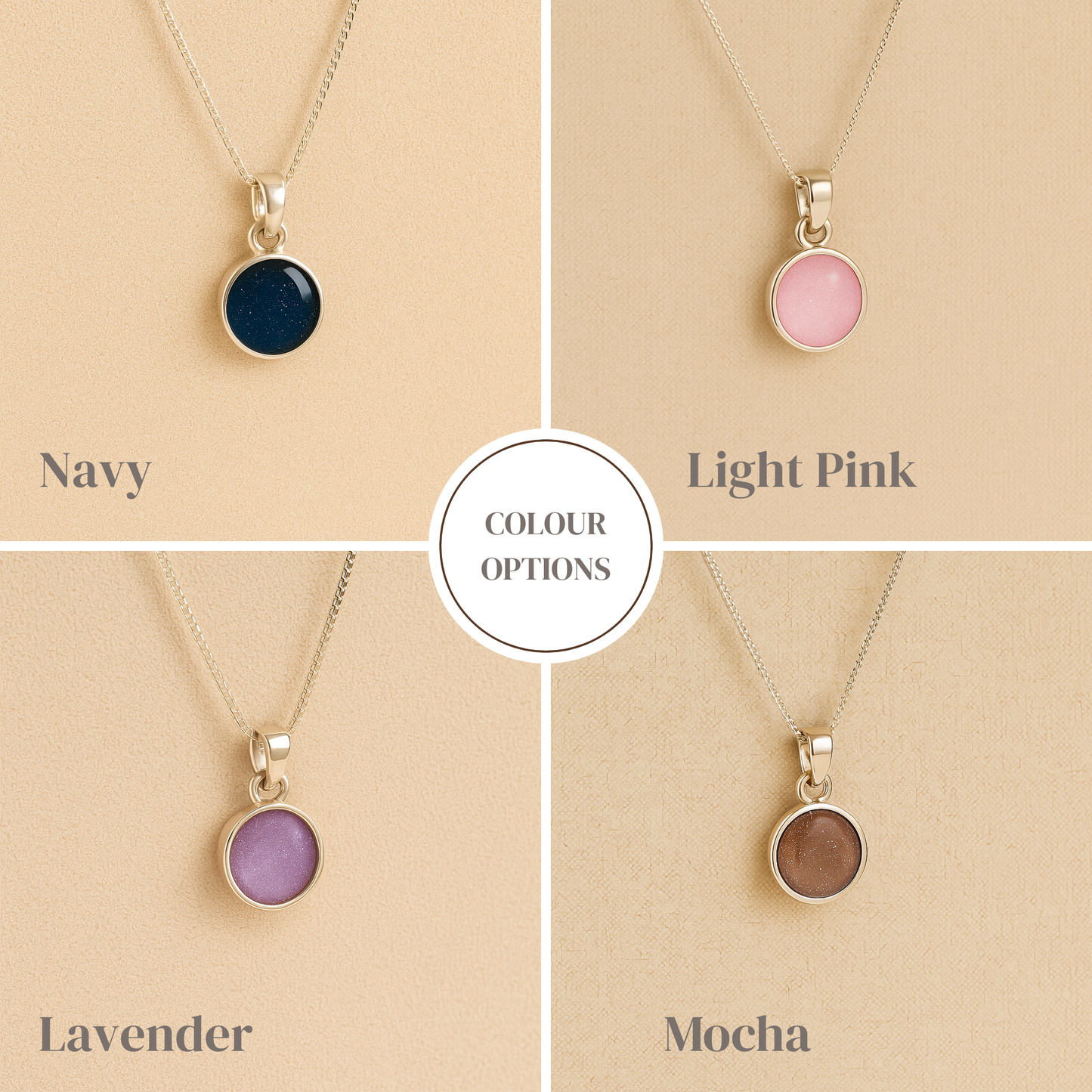 A collection of round Silver Cremation ashes necklace in navy, light pink, lavender and mocha resin filled with ashes or fur, displayed on a soft beige background – suitable for pet or human memorials.
