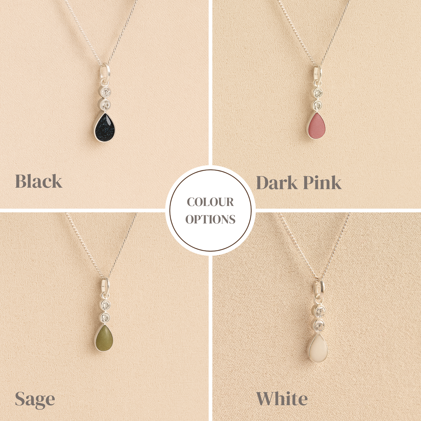 Silver Cremation ashes necklaces showing different resin colour options displayed on a soft beige background – suitable for pet or human memorials.