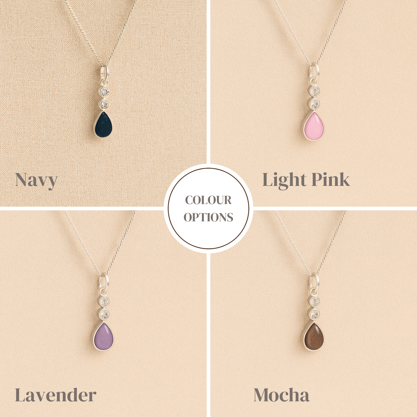 Teardrop-shaped ashes necklaces with color options on a beige background