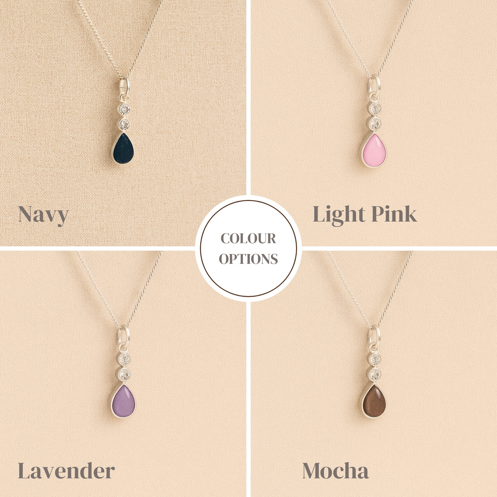 Teardrop-shaped ashes necklaces with color options on a beige background