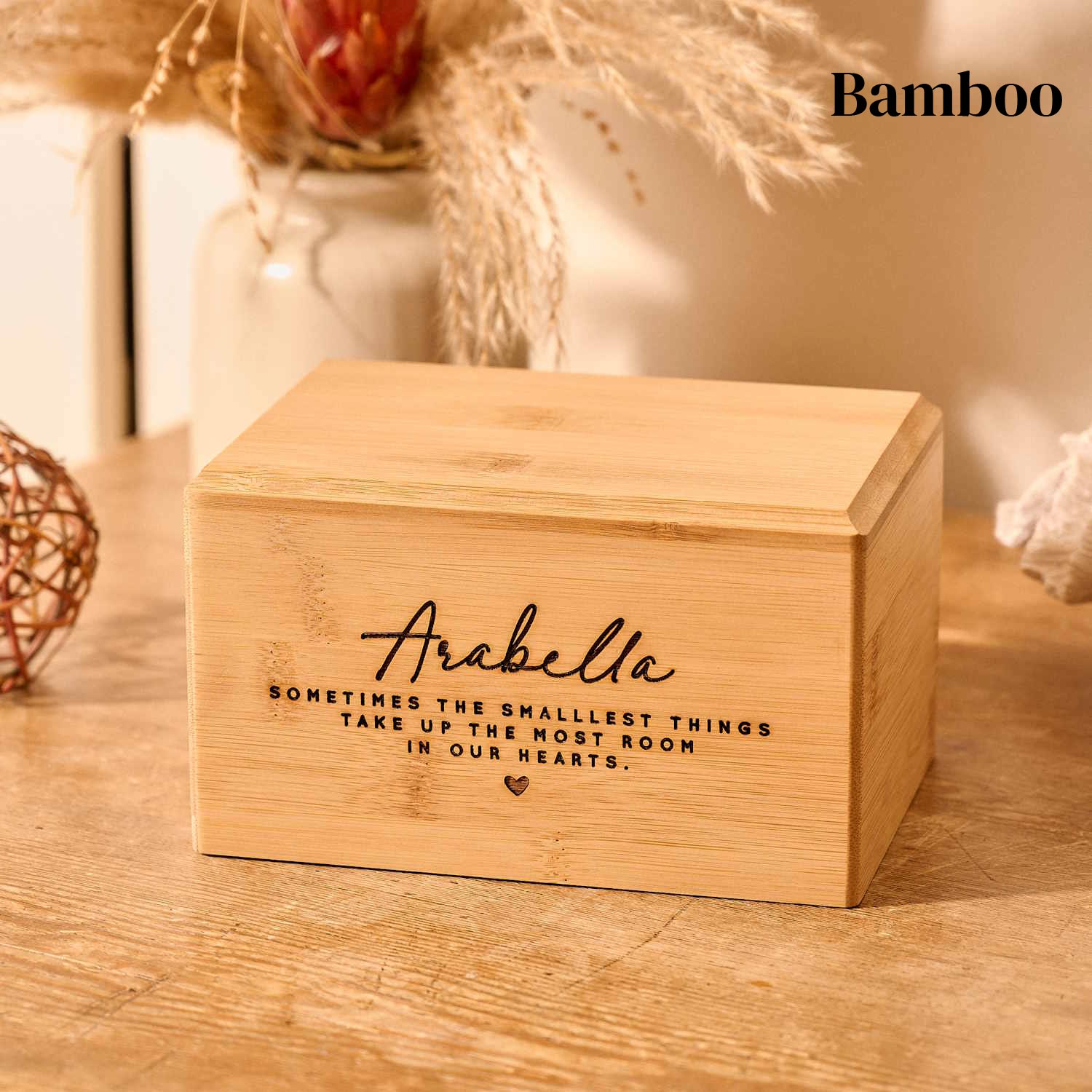 Bamboo wood personalised urn for stillborn baby.