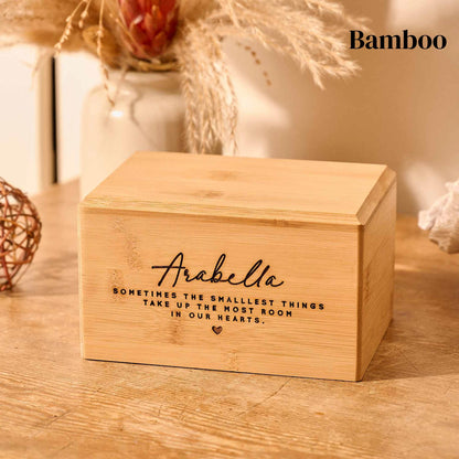 Bamboo wood personalised urn for stillborn baby.