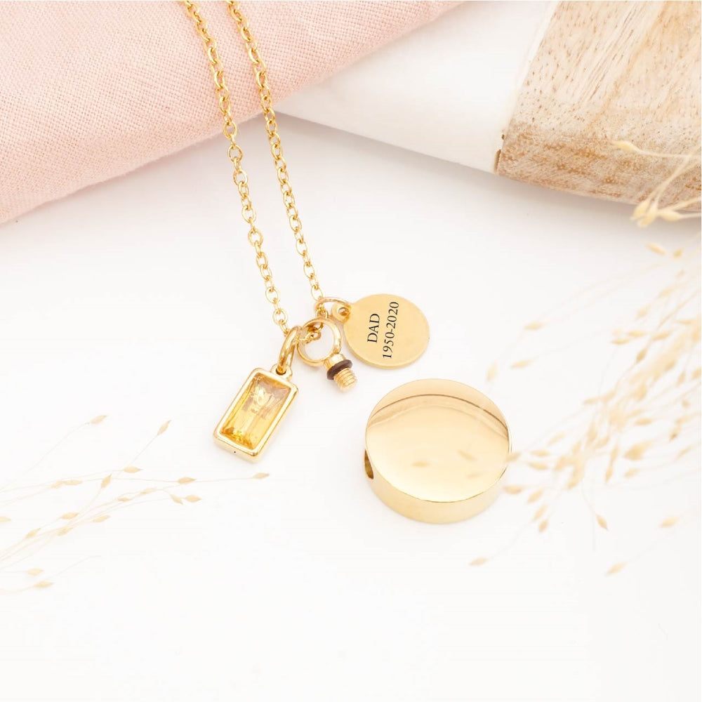 Engraved circular ashes necklace with personalised tag – thoughtful bereavement jewellery for loss of a loved one