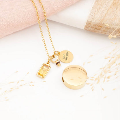 Engraved circular ashes necklace with personalised tag – thoughtful bereavement jewellery for loss of a loved one