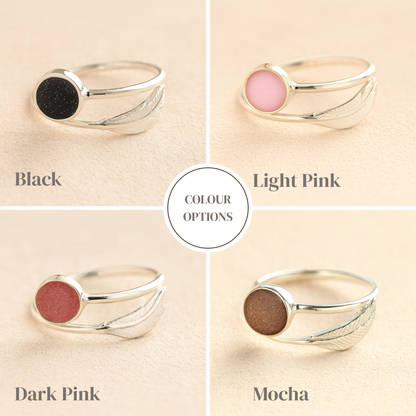 Colour examples of adjustable feather ashes ring in black, light pink, dark pink and mocha