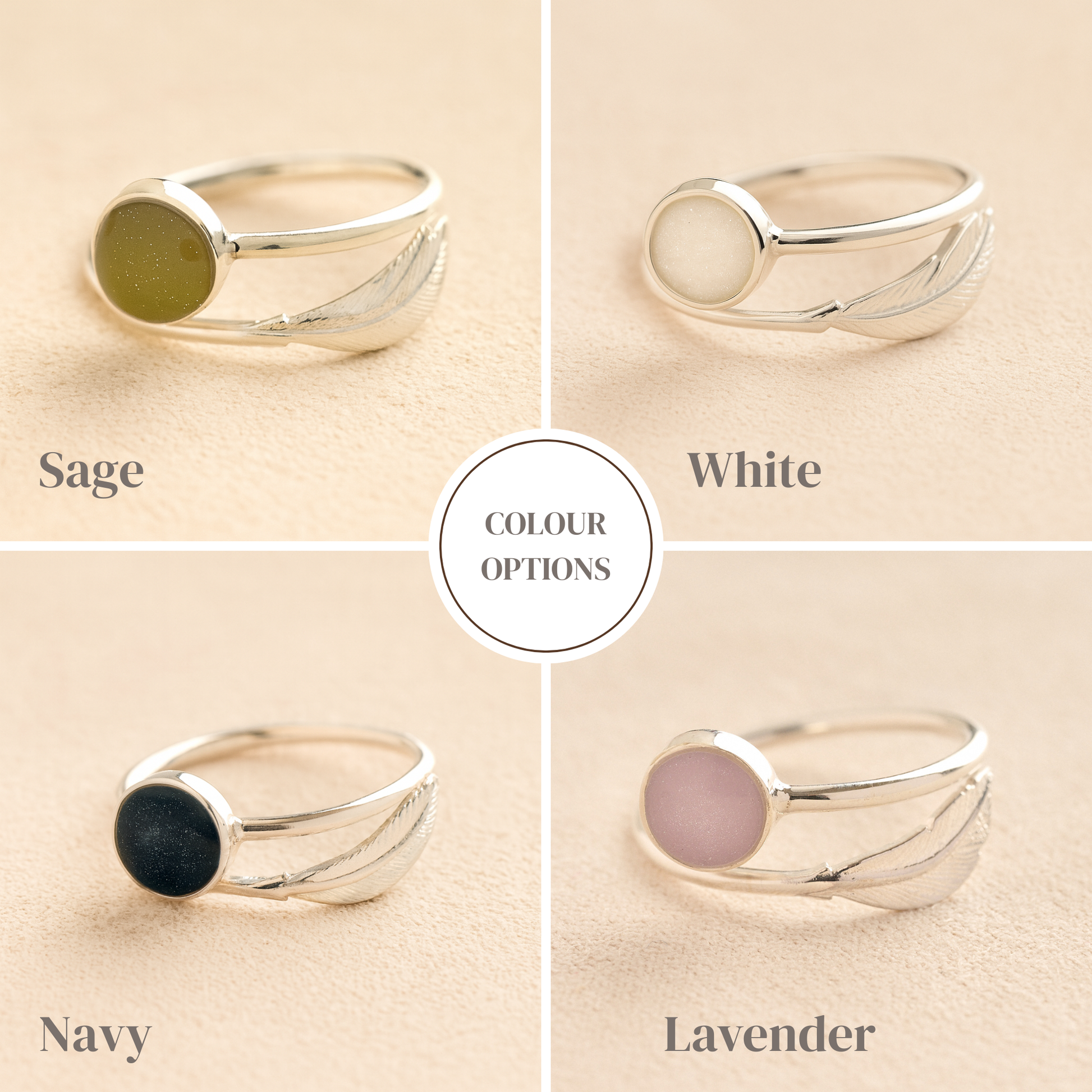 Colour examples of adjustable feather ashes ring in sage, white, navy and lavender