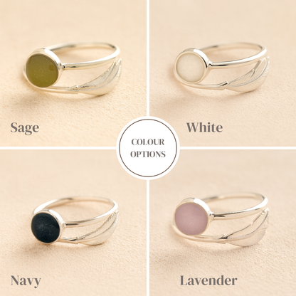 Colour examples of adjustable feather ashes ring in sage, white, navy and lavender