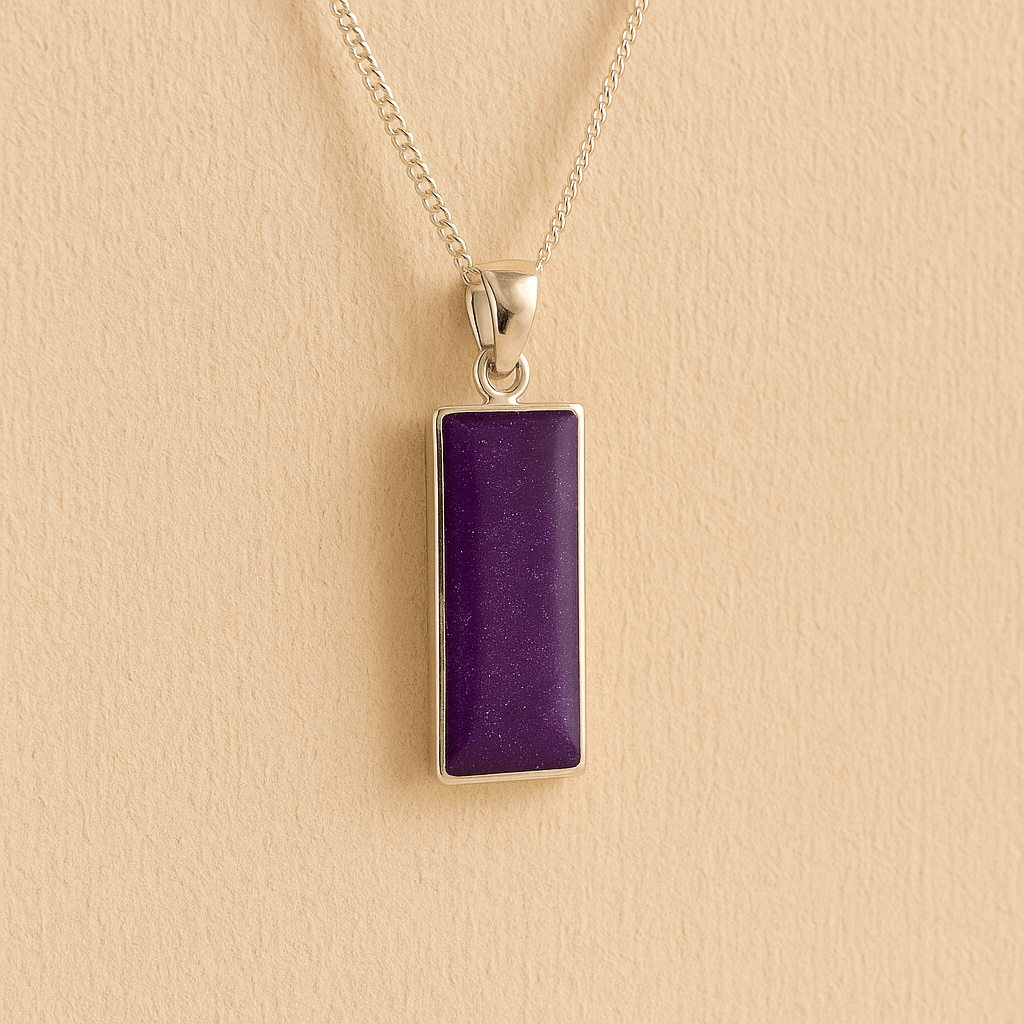 Men’s Cremation Ashes Rectangle Necklace with purple resin on a beige background