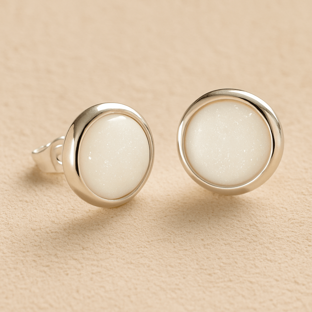 A pair silver round memorial earrings with white resin in made from ashes, fur or hair set on a beige background