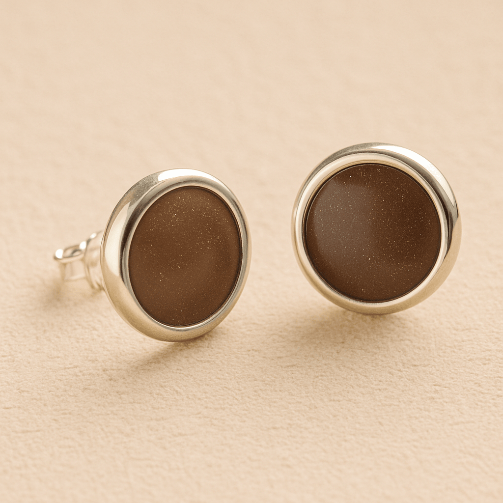 A pair silver round memorial earrings with mocha resin in made from ashes, fur or hair set on a beige background