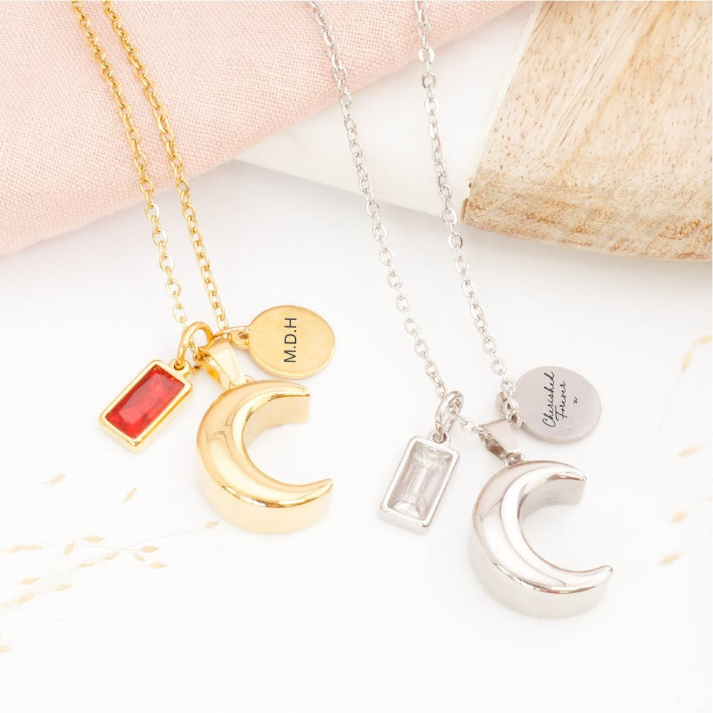 Detailed view of personalised moon ashes necklace – sympathy jewellery for loss of a child, mother, or father