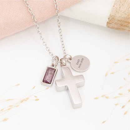 Engraved cross ashes necklace with personalised tag – thoughtful bereavement jewellery for loss of a loved one