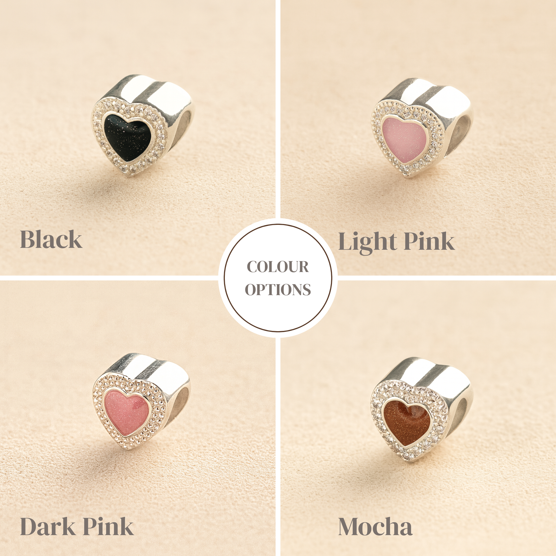 Colour examples of crystal heart ashes charm in black, light pink, dark pink and mocha