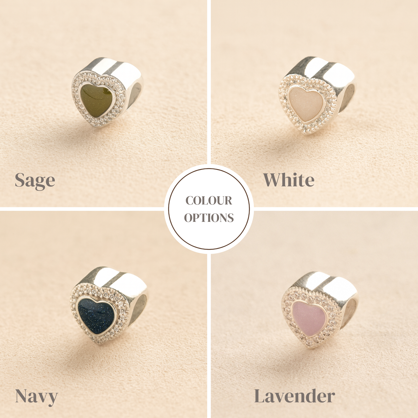 Colour examples of crystal heart ashes charm in sage, white, navy and lavender