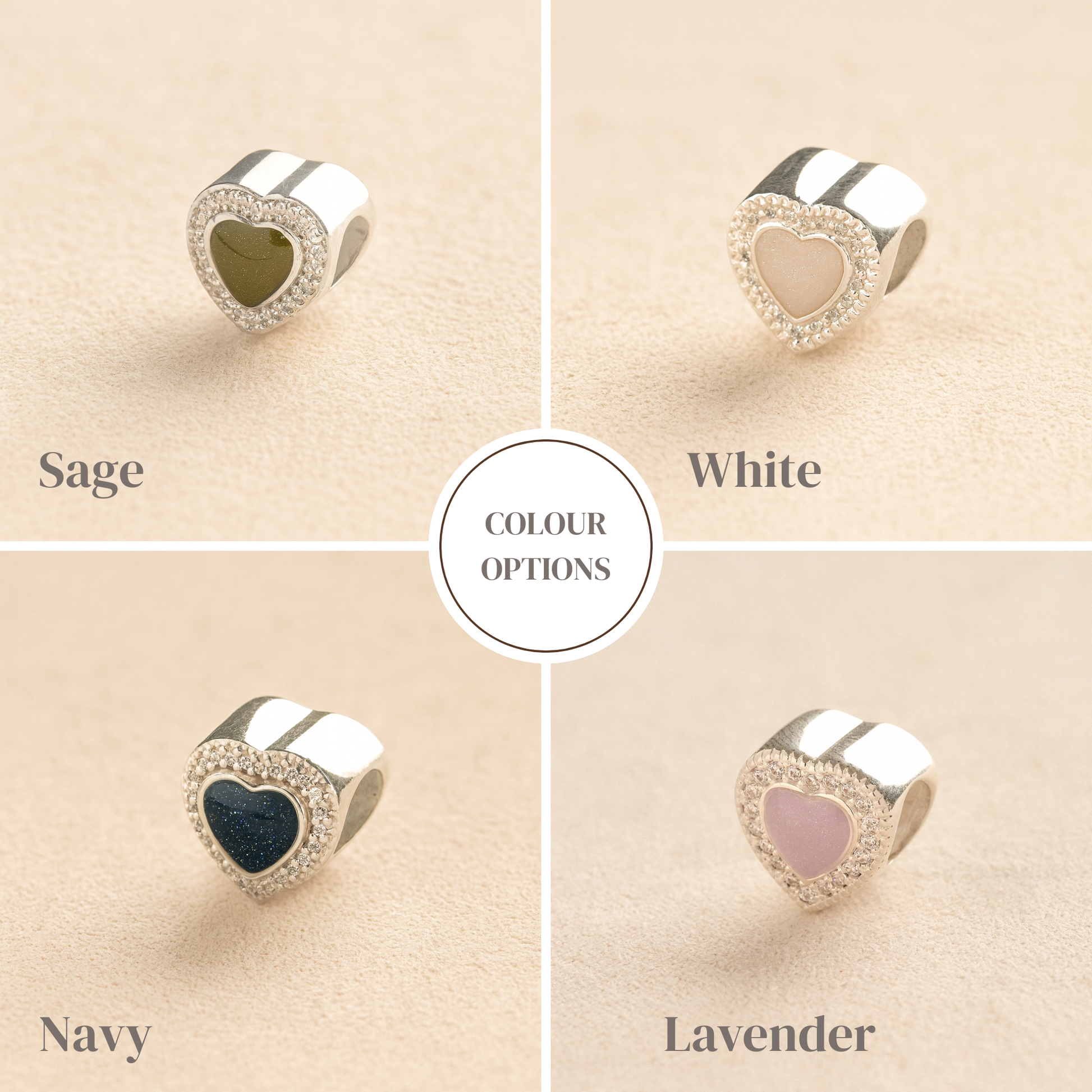 Colour examples of crystal heart ashes charm in sage, white, navy and lavender