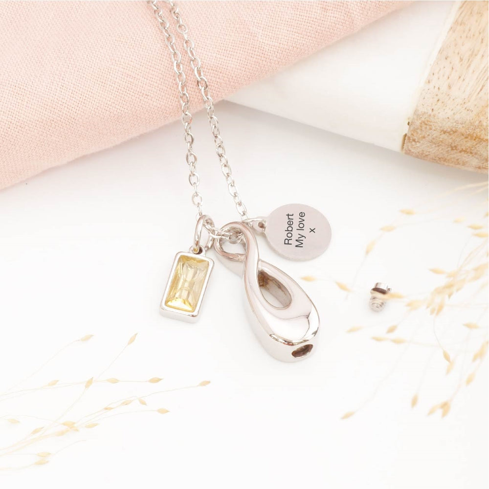 Engraved infinity ashes necklace with personalised tag – thoughtful bereavement jewellery for loss of a loved one