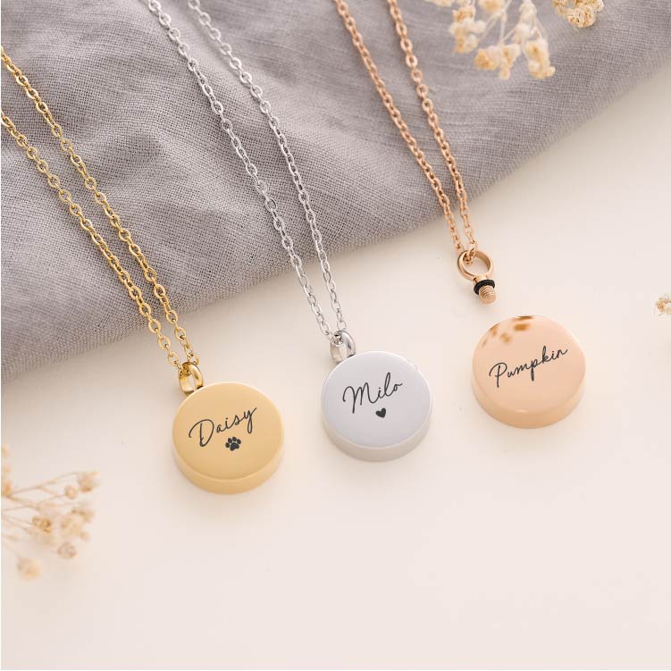 Personalised round pet ashes necklace – engraved cremation jewellery for pet loss
