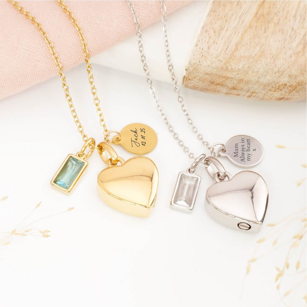 Detailed view of personalised heart ashes necklace – sympathy jewellery for loss of a child, mother, or father