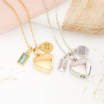 Detailed view of personalised heart ashes necklace – sympathy jewellery for loss of a child, mother, or father