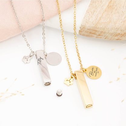 Detailed view of minimalist pet ashes pendant – showcasing engraving and paw print charm