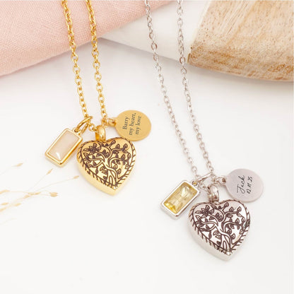 Cremation jewellery with Tree of Life pendant and secure ashes chamber in gold and silver