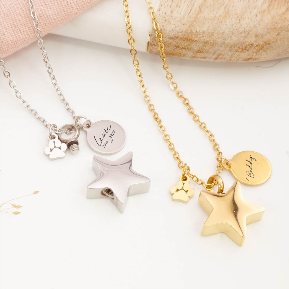 Engraved star pet ashes necklace – thoughtful bereavement jewellery for grieving pet owners