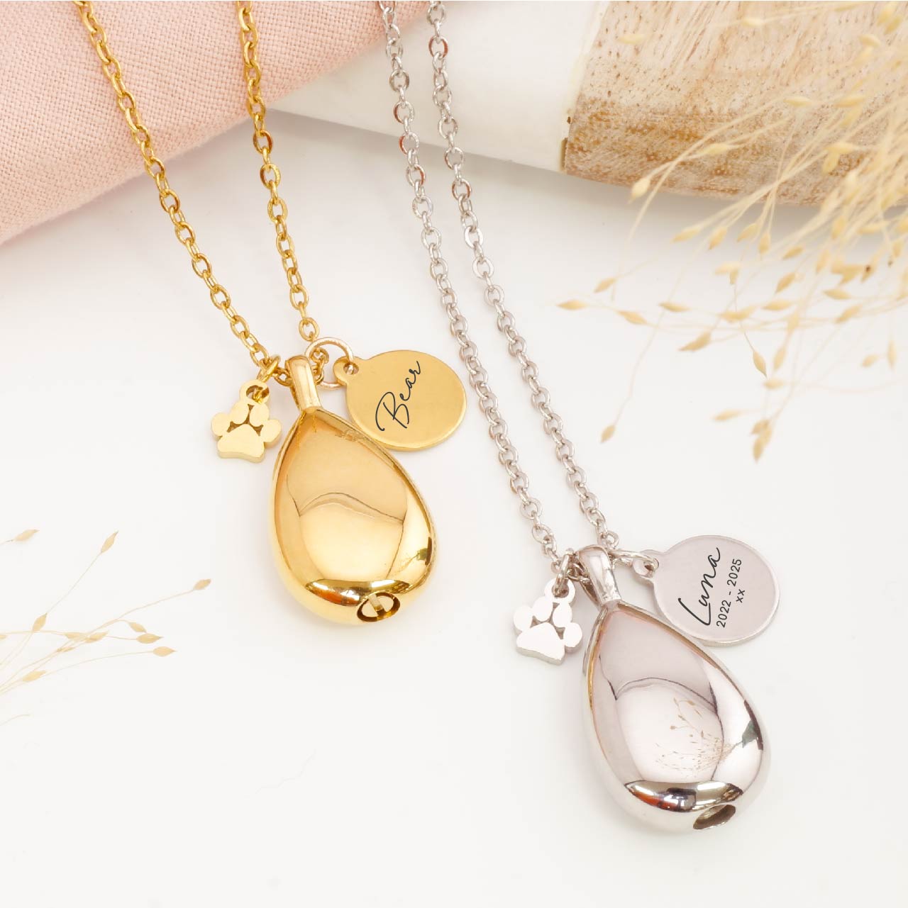Engraved teardrop pet ashes necklace with paw print charm – personalised pet remembrance jewellery