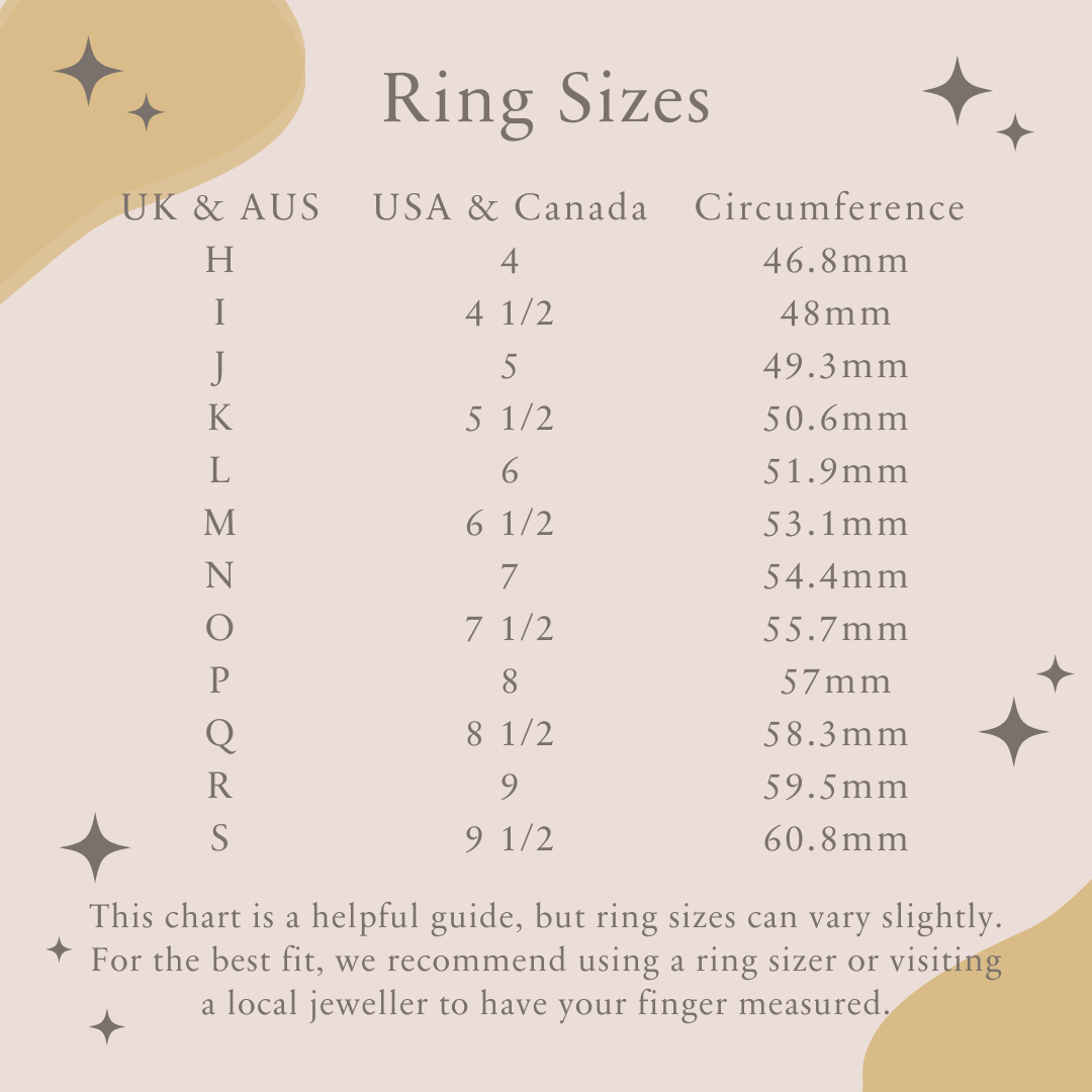 Ring size chart comparing UK & AUS, USA & Canada, and circumference measurements.