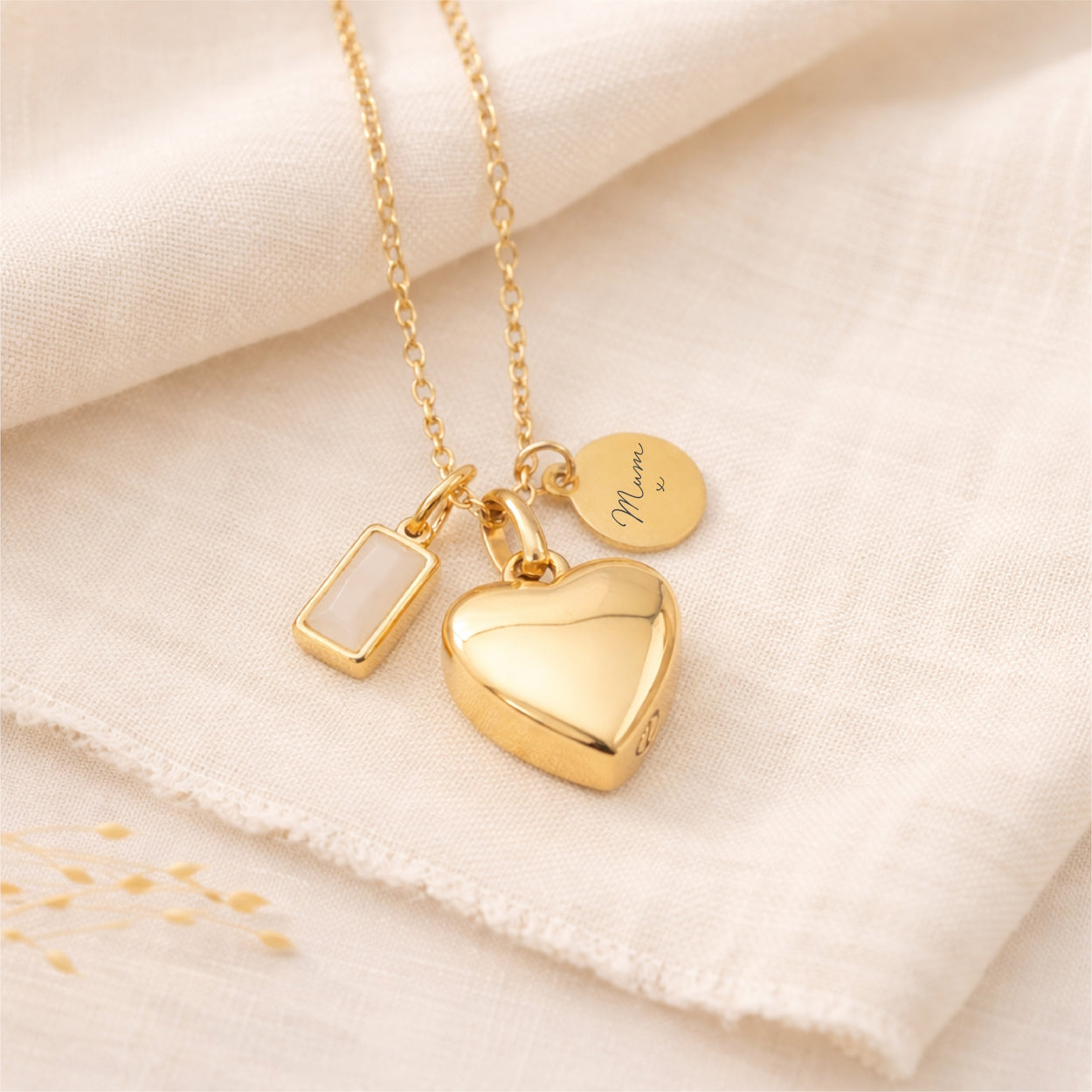 Personalised Gold heart memorial necklace under £100 – Gold self fill memorial necklace for ashes - Gold heart shaped urn pendant with engraved tag
