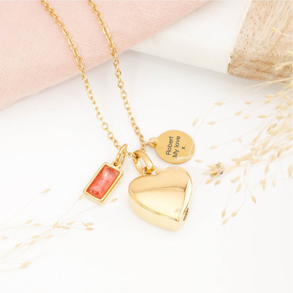 Engraved heart ashes necklace with personalised tag – thoughtful bereavement jewellery for loss of a loved one