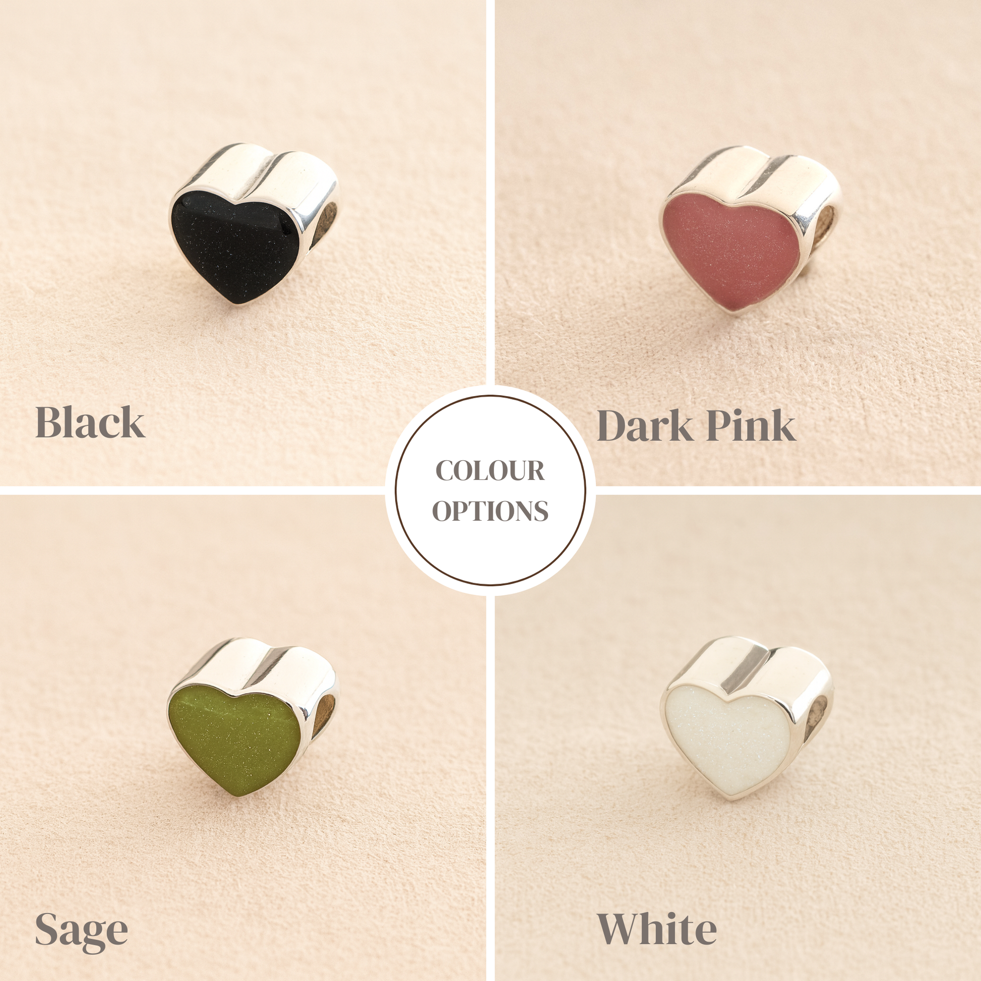 Silver Heart Cremation ashes charms colour example with black, dark pink, sage and white resin filled with ashes or fur, displayed on a soft beige background – suitable for pet or human memorials.