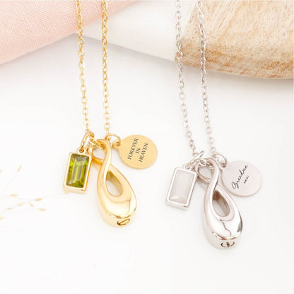 Detailed view of personalised infinity ashes necklace – sympathy jewellery for loss of a child, mother, or father