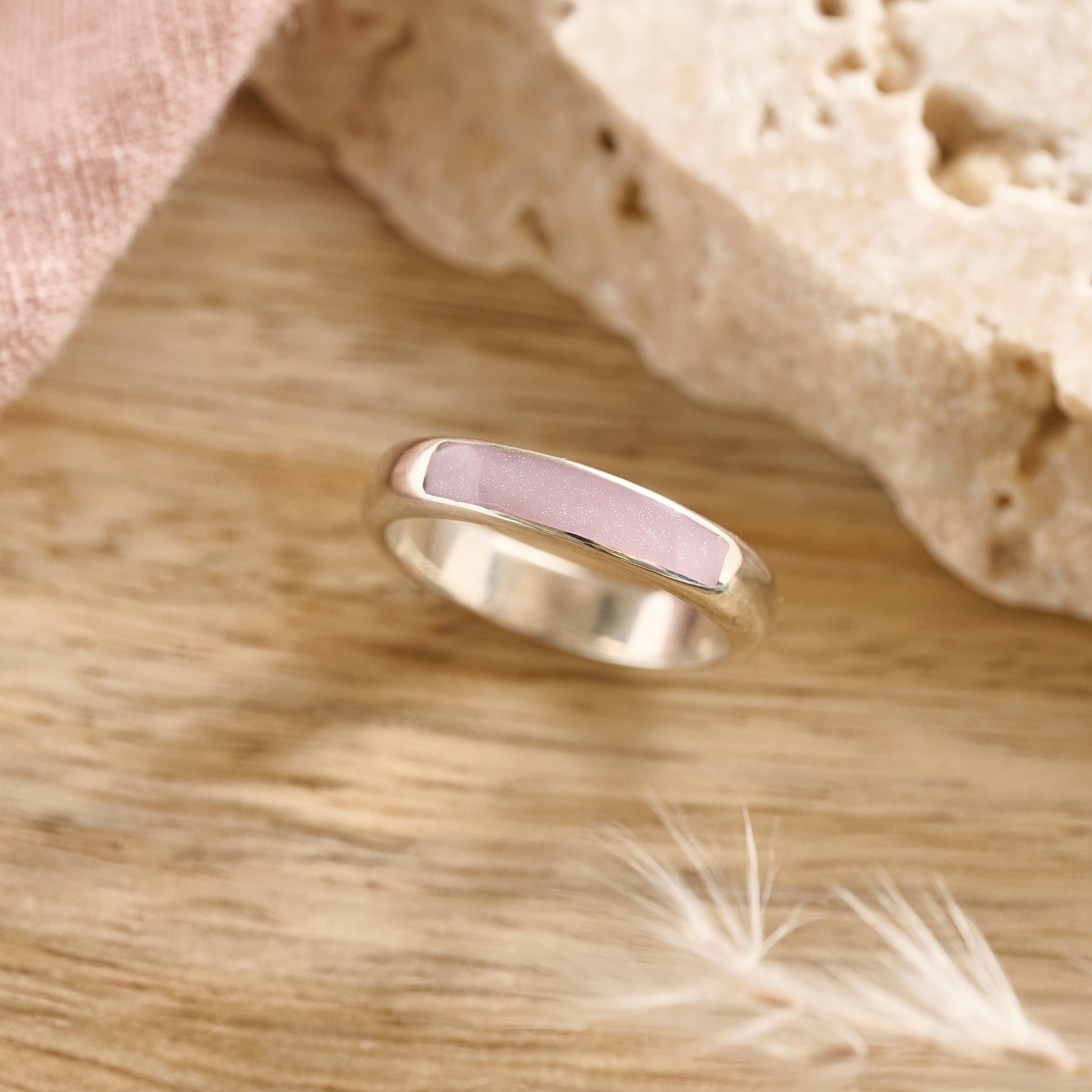 Lavender resin cremation ring in sterling silver, memorial ring for ashes