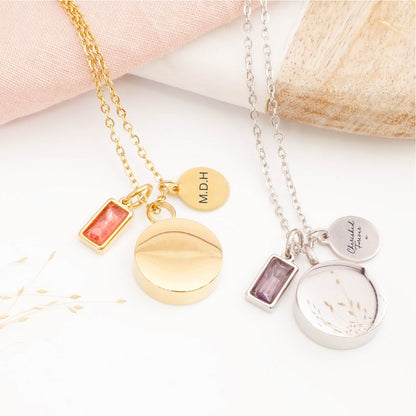 Detailed view of personalised circular ashes necklace – sympathy jewellery for loss of a child, mother, or father