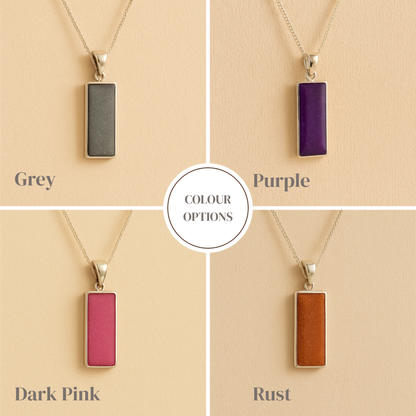 Four rectangle ashes pendant necklaces in different colors on a beige background with color options labeled.