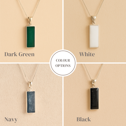 Four rectangle ashes pendant necklaces in different colors on a beige background with dark green, white, navy and black labeled.