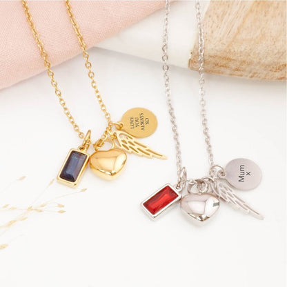 Detailed view of personalised angel wing heart ashes necklace – sympathy jewellery for loss of a child, mother, or father