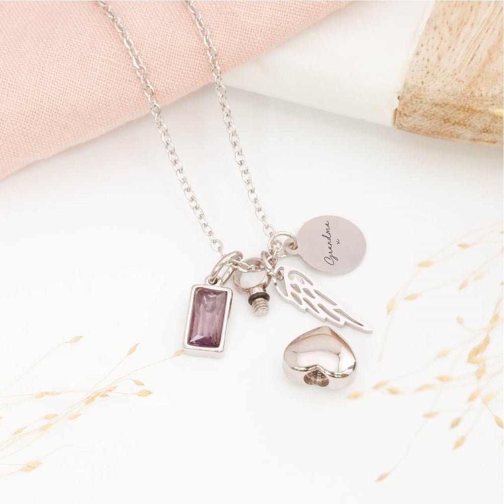Engraved angel wing heart ashes necklace with personalised tag – thoughtful bereavement jewellery for loss of a loved one