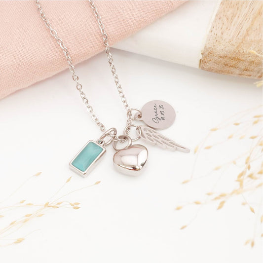 Personalised angel wing heart cremation necklace – memorial jewellery for ashes, sympathy gift for grieving parents