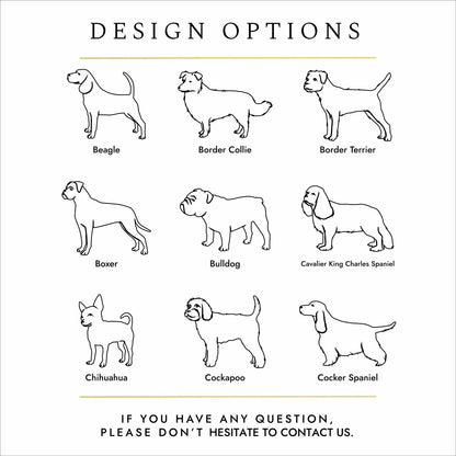 Dog breed engraving options infographic – personalised pet urns for Cockerpoo, Beagle, Boxer, Bulldog and Cocker Spaniel