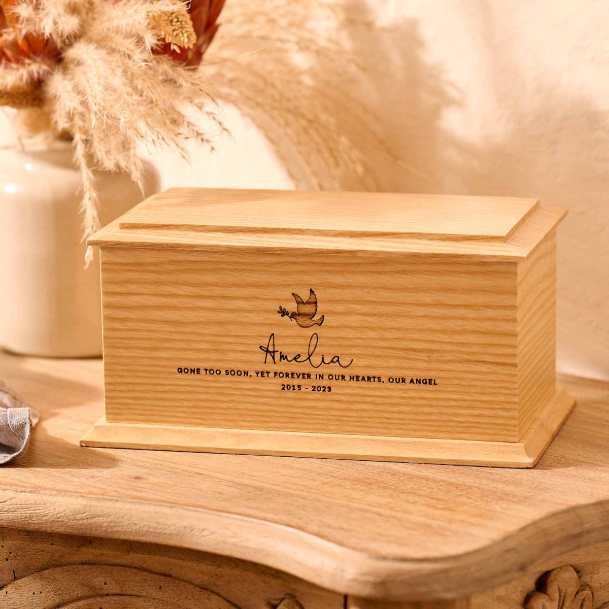 Handcrafted ash wood child urn with custom engraving – memorial ashes keepsake